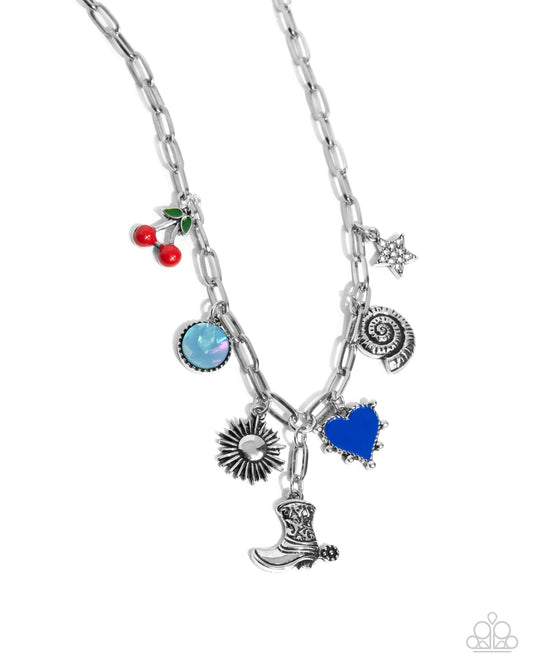 Flying High - Blue Heart, Red Cherries, Silver Cowboy Boot Charm Necklace Santa Fe Style Paparazzi N3334