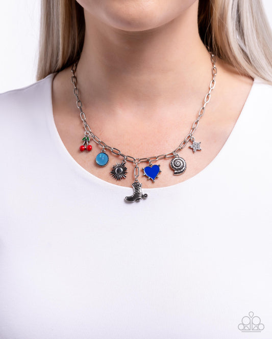 Flying High - Blue Heart, Red Cherries, Silver Cowboy Boot Charm Necklace Santa Fe Style Paparazzi N3334