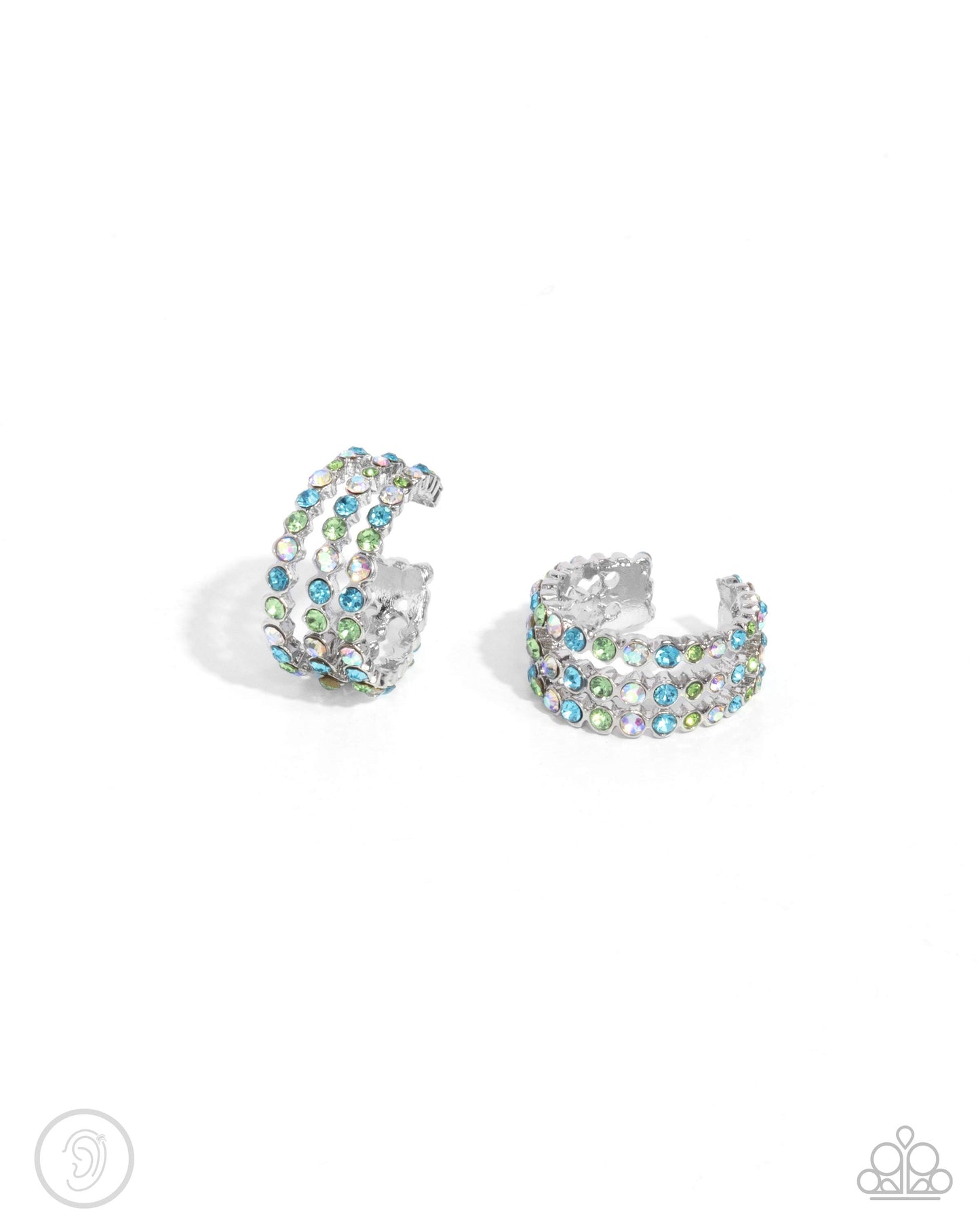 Complete Look Incandescent Aquamarine, Iridescent & Green Rhinestone Cuff & 3/4 Inch Hoop Earring Paparazzi
