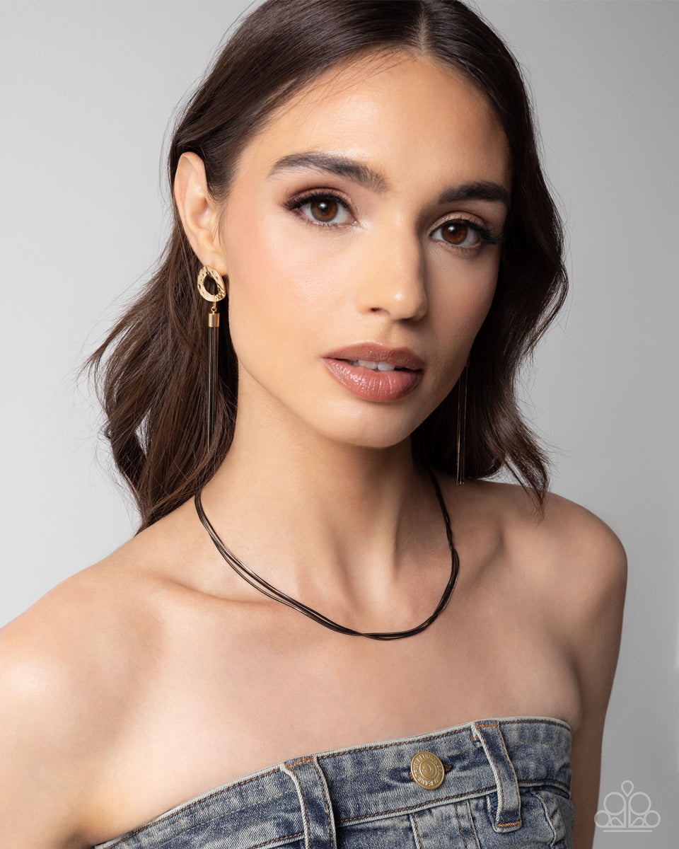 Corded Character Black Gunmetal Chain & Gold Earring Paparazzi E2541