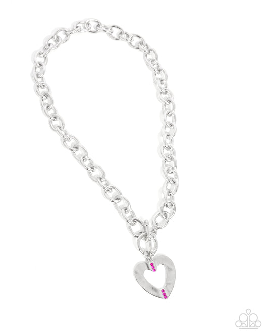 Affectionate Assist Pink Fuchsia Rhinestone Hammered Silver Heart Necklace Paparazzi N2808