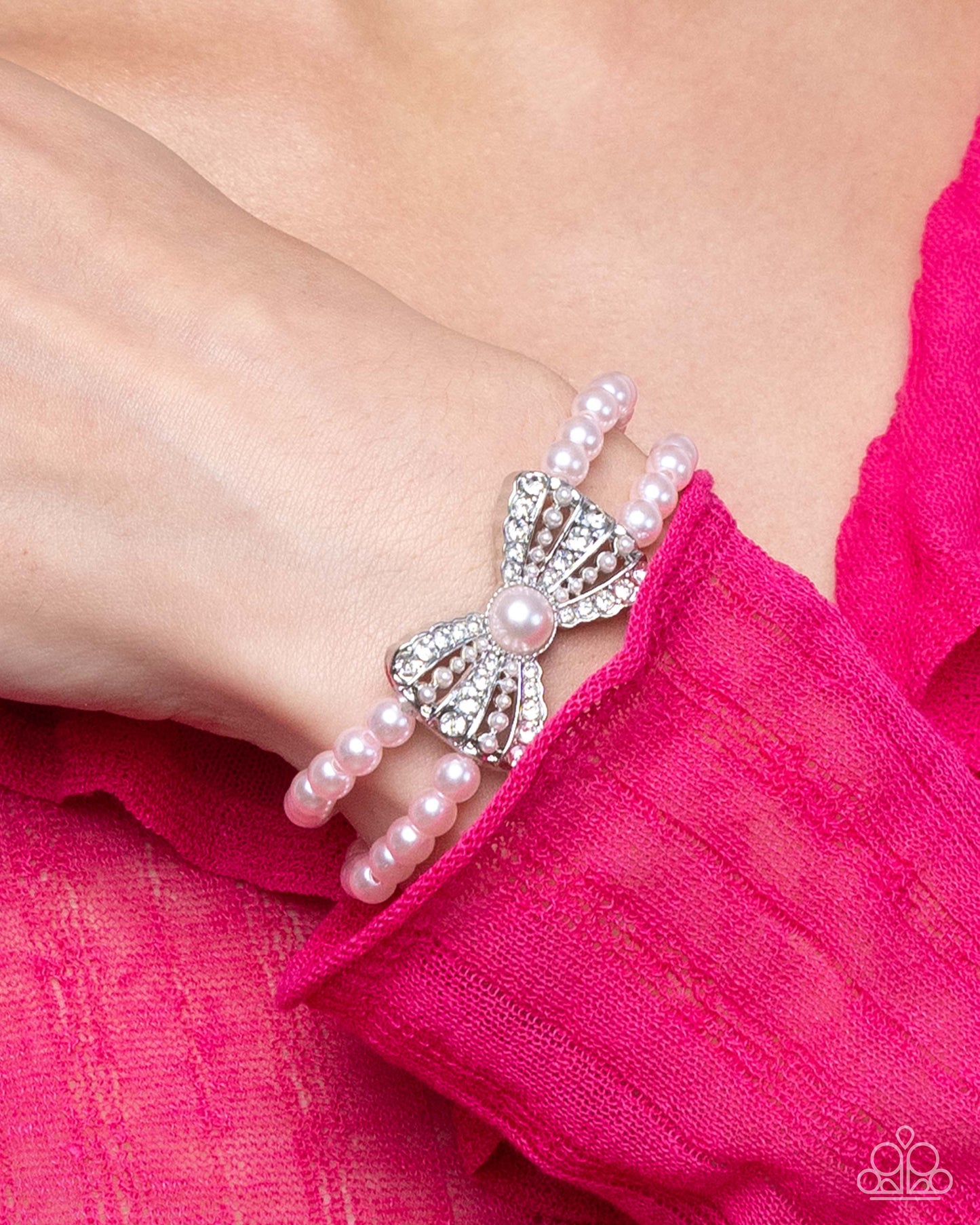 Baby Pink Pearl White Rhinestone Bow Bracelet Paparazzi B1855