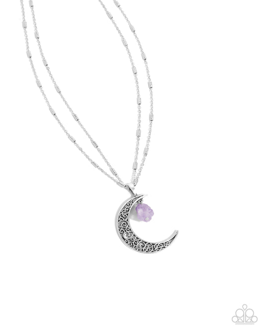 Crescent Charm Purple Amethyst Stone Silver Crescent Moon Necklace Paparazzi N2631