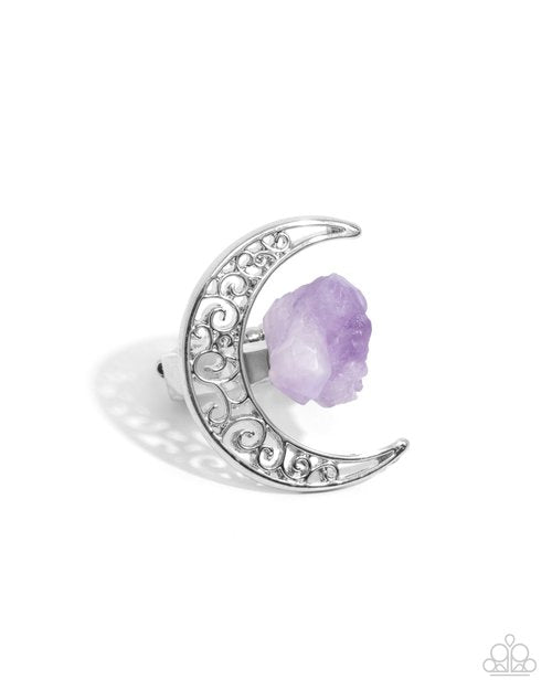 Planetary Perfection Purple Amethyst Stone & Silver Crecent Moon Ring Paparazzi R0842