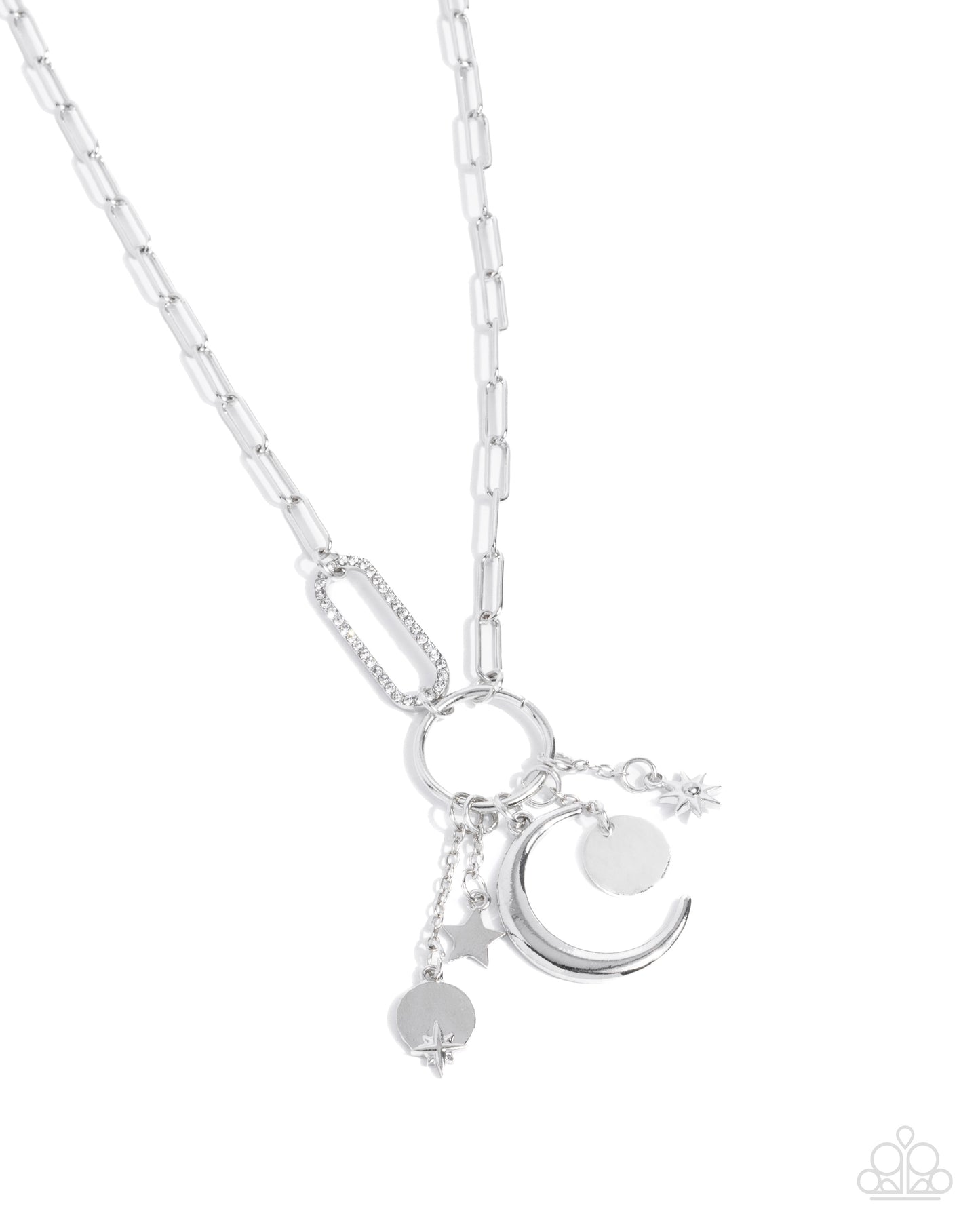 Astral Ambience Silver Paperclip Chain, White Rhinestone Star & Moon Necklace Paparazzi N2600