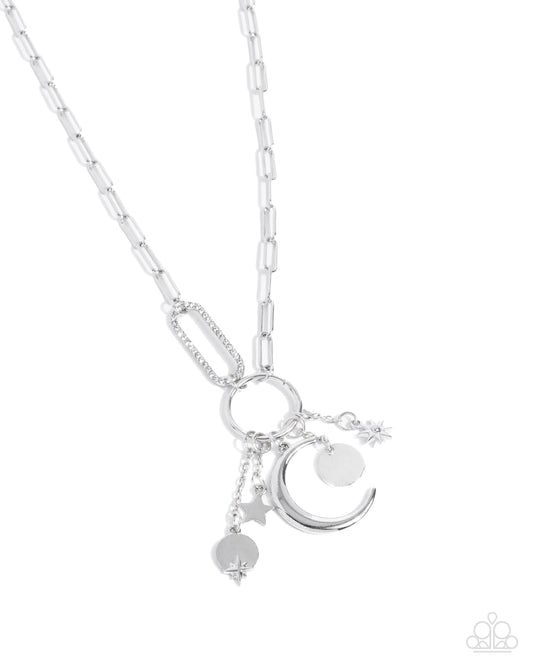 Astral Ambience Silver Paperclip Chain, White Rhinestone Star & Moon Necklace Paparazzi N2600