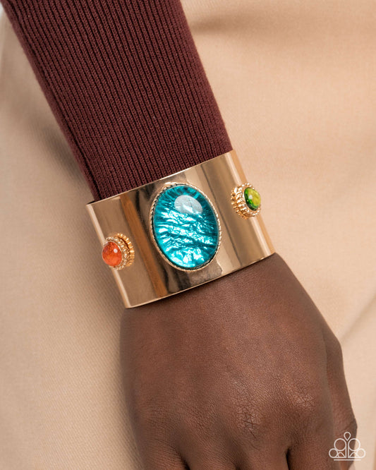 Rule the Flight - Blue Foil Like Gem Gold Cuff Bracelet Paparazzi