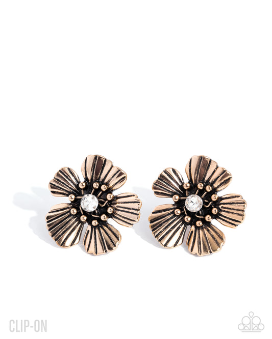 Blossoming Backdrop - Gold White Gem Flower Clip-On Earring Paparazzi E2910