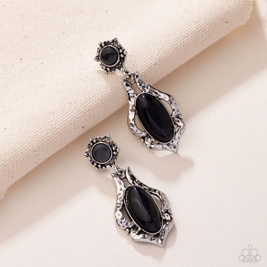 High-End Reservation - Black Cat's Eye Stone Hammered Silver Post Earring Santa Fe Style Paparazzi E2696
