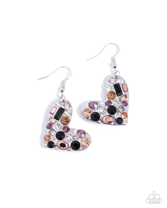 Tender Treasure - Black, Pink, White Gem Silver Heart Earring Paparazzi E2575