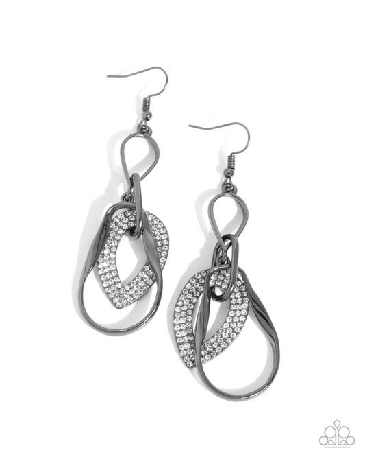 Teardrop Triumph - Black Gunmetal & White Rhinestone Chandelier Earring Paparazzi E2658