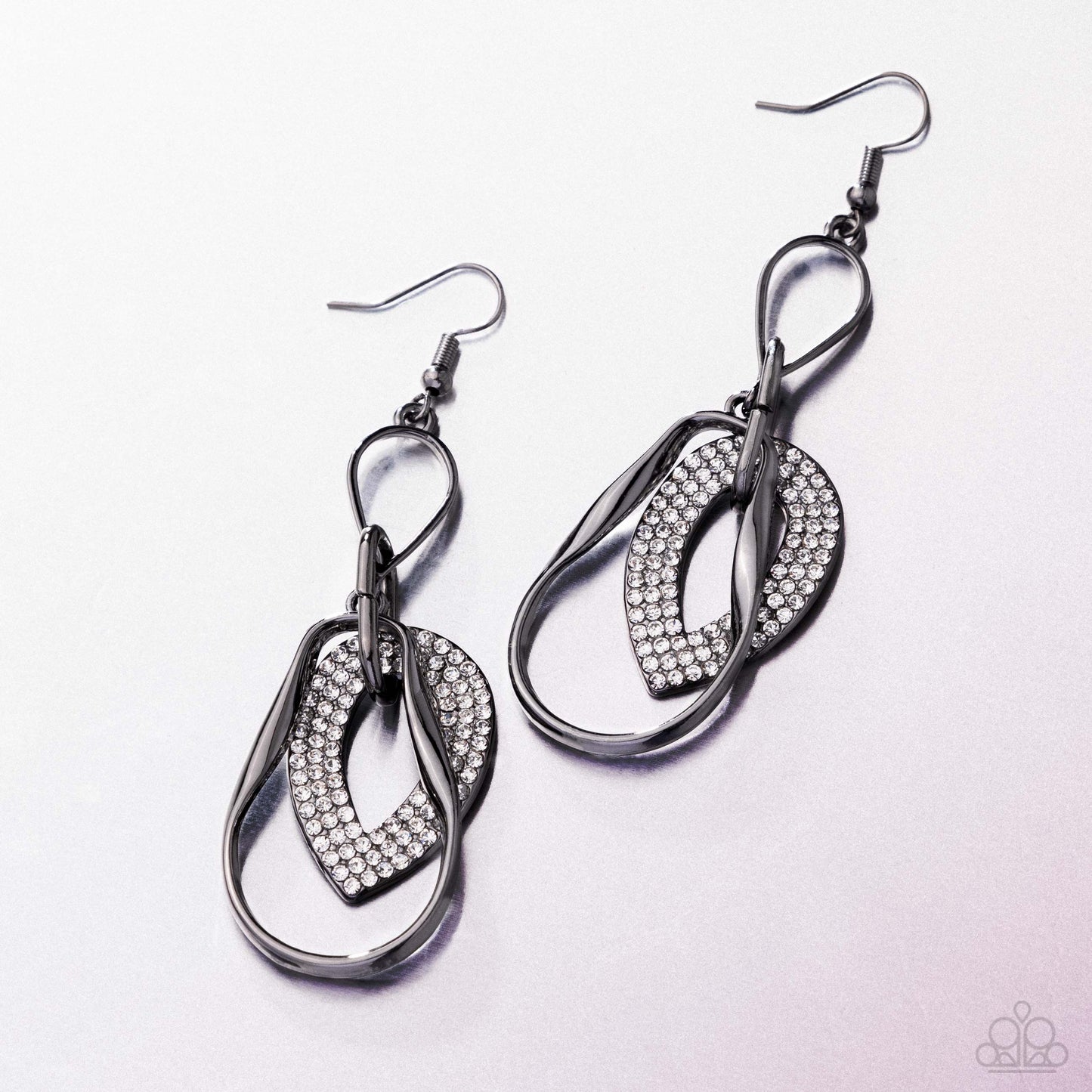 Teardrop Triumph - Black Gunmetal & White Rhinestone Chandelier Earring Paparazzi