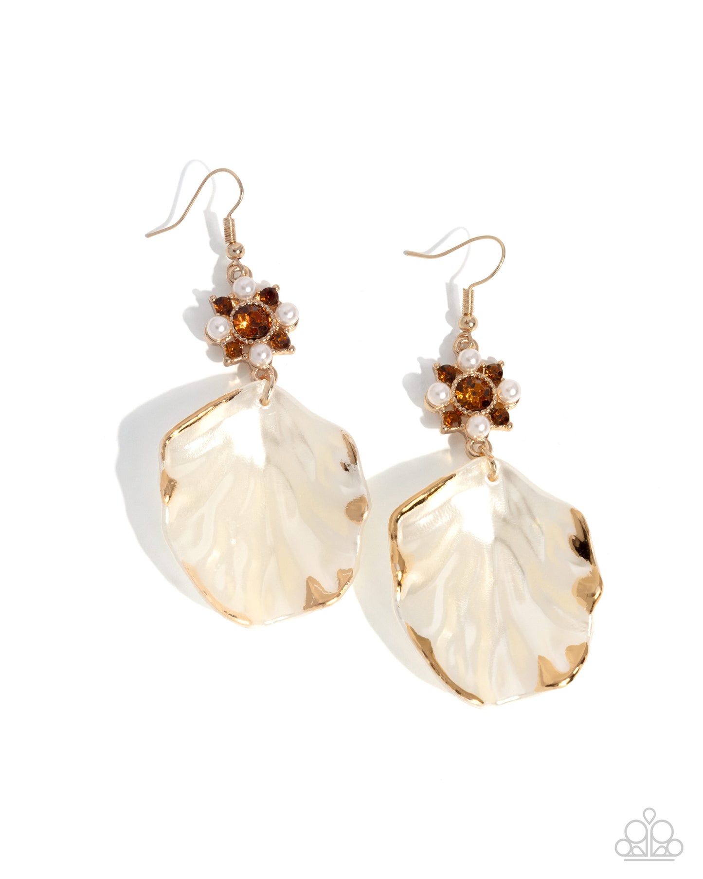 Coastal Candidate - Brown Tea Rhinestone Hammered Pressed Gold Seashell Earring Beach Vibe Paparazzi E2599