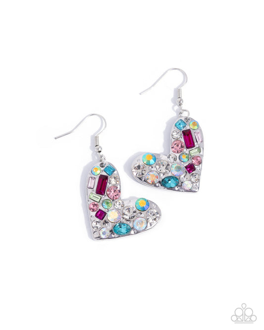 Tender Treasure - Multicolored & Iridescent Gem Silver Heart Earring Paparazzi E2617