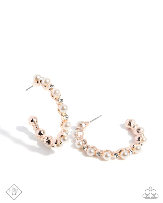 Shimmery Scope - Rose Gold White Pearl 1 1/2 Inch Hoop Earring Glimpses Of Malibu December 2024 Fashion Fix Paparazzi E2511