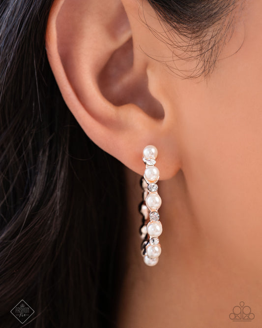 Shimmery Scope - Rose Gold White Pearl 1 1/2 Inch Hoop Earring Glimpses Of Malibu December 2024 Fashion Fix Paparazzi E2511