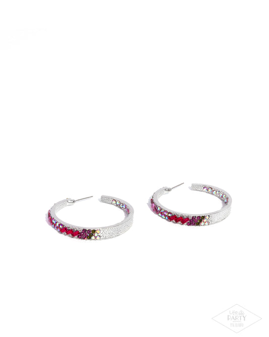 GLITZY By Association - Multicolored Pink Iridescent & Rhinestone 1 3/4 Inch Hoop Earring Life Of The Party Pink Diamond Encore Paparazzi E2897