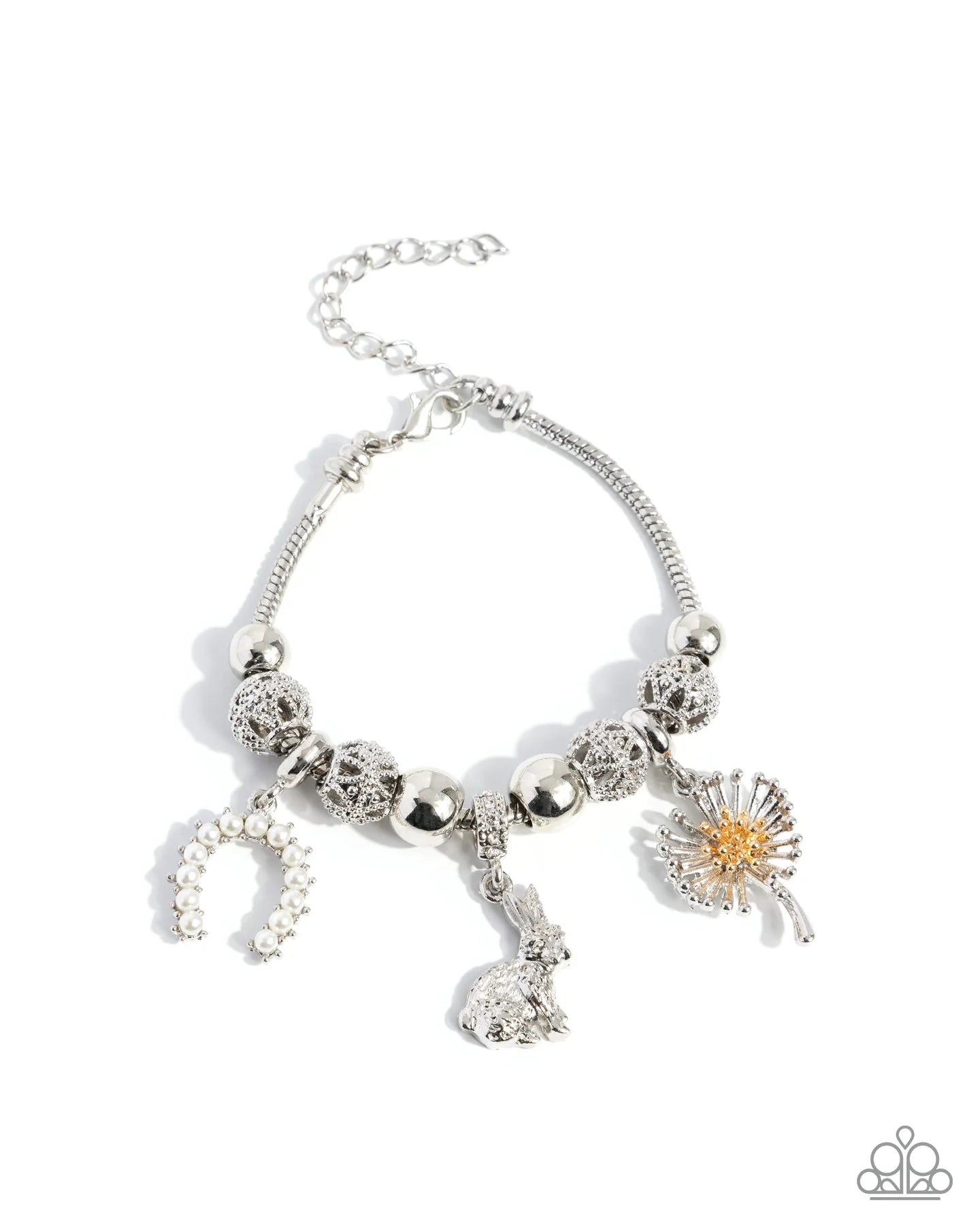 Graceful Godsend - White Pearl Silver Flower & Rabbit Charm Bracelet Life Of The Party February 2025 Paparazzi