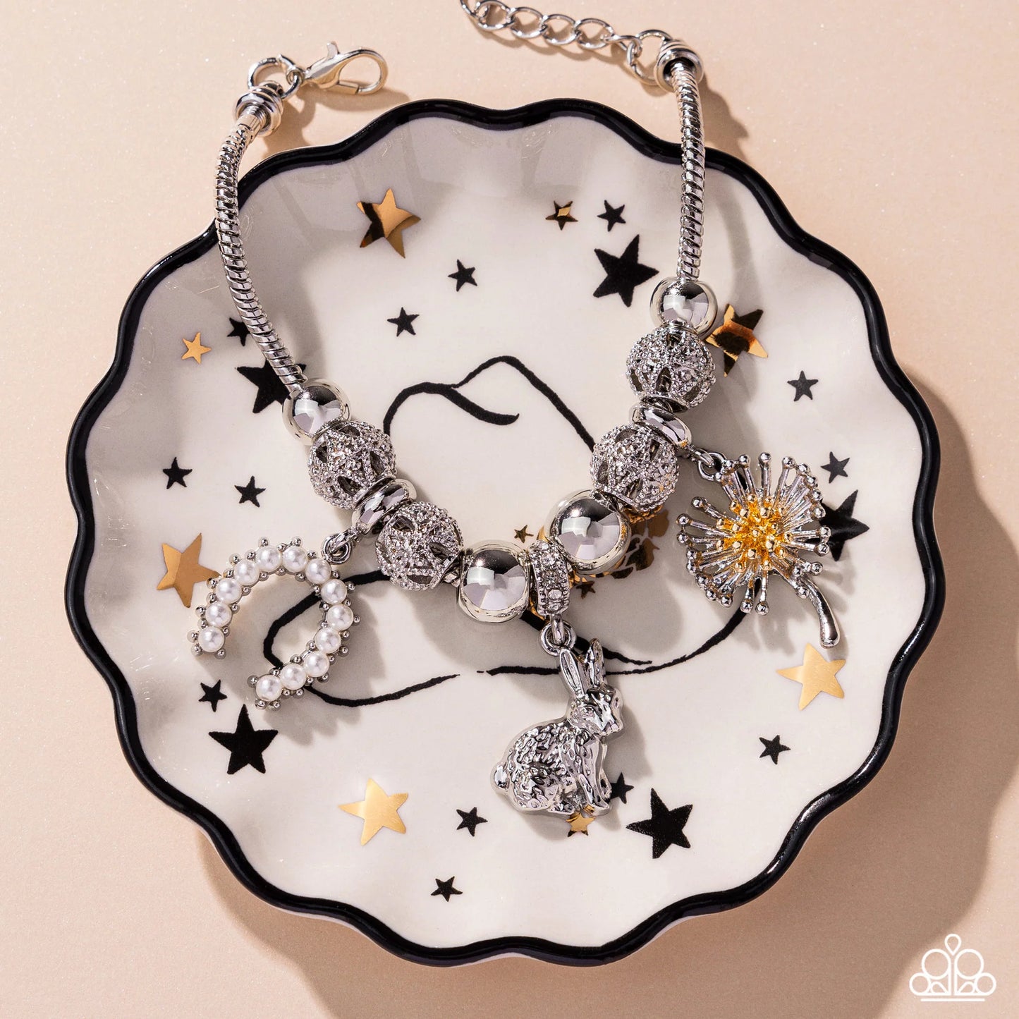 Graceful Godsend - White Pearl Silver Flower & Rabbit Charm Bracelet Life Of The Party February 2025 Paparazzi
