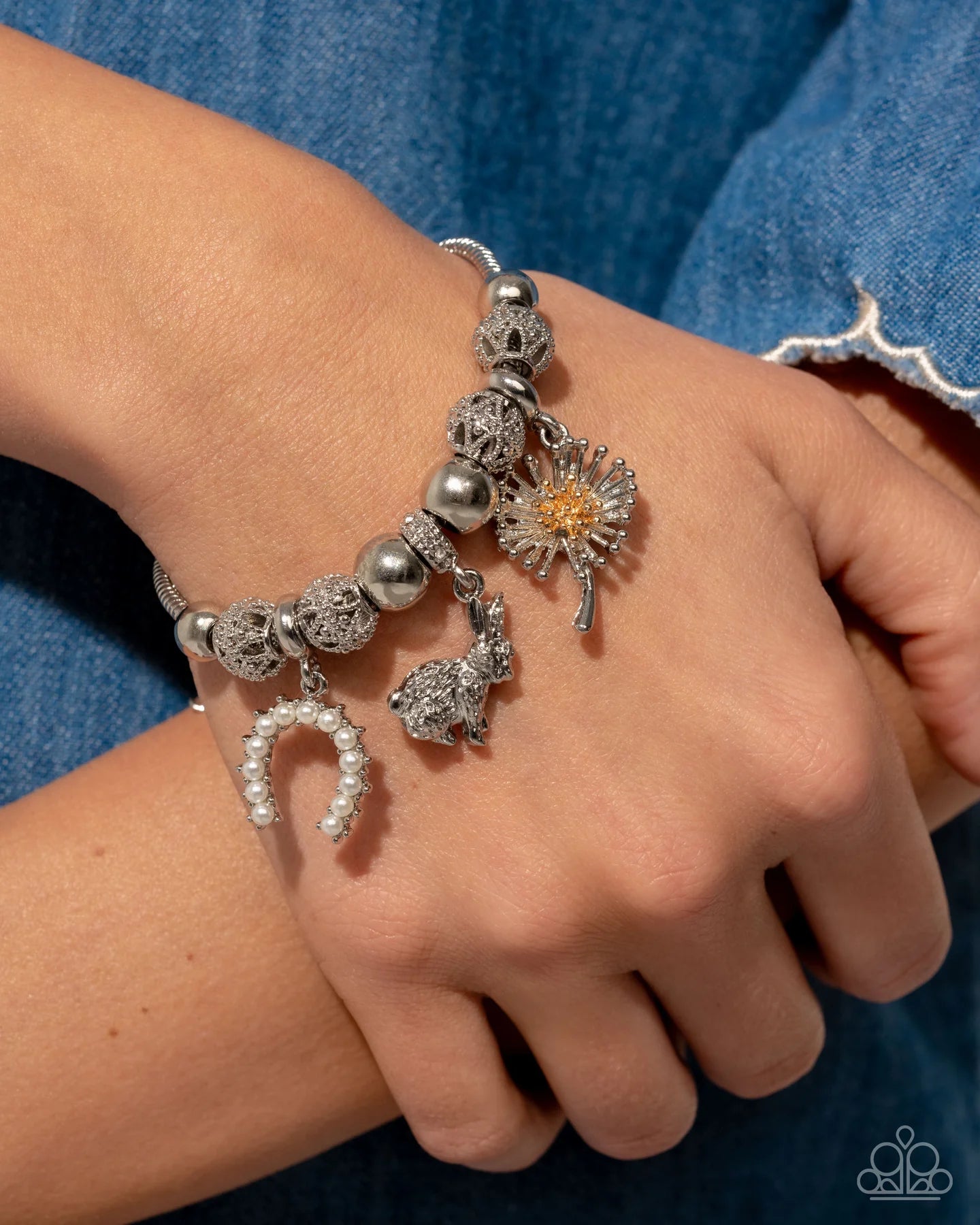 Graceful Godsend - White Pearl Silver Flower & Rabbit Charm Bracelet Life Of The Party February 2025 Paparazzi
