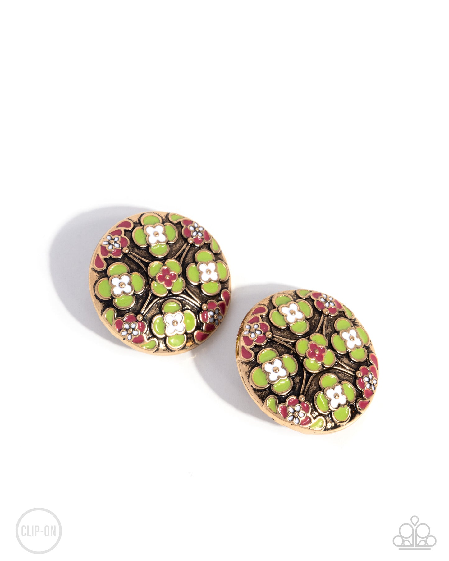 Quilt Art - Multi Fern, White & Desert Rose Antiqued Gold Quilt Pattern Clip-On Earring Paparazzi E2601