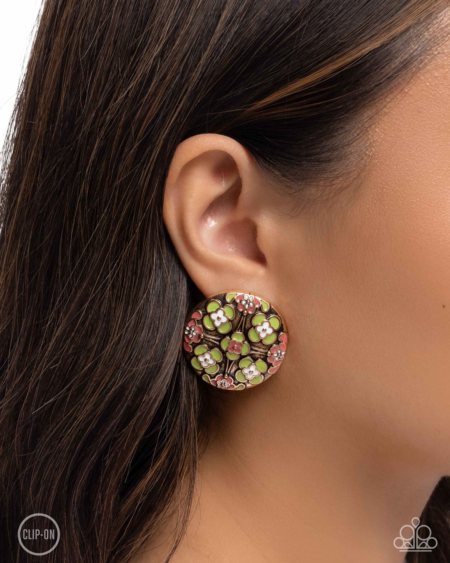 Quilt Art - Multi Fern, White & Desert Rose Antiqued Gold Quilt Pattern Clip-On Earring Paparazzi E2601