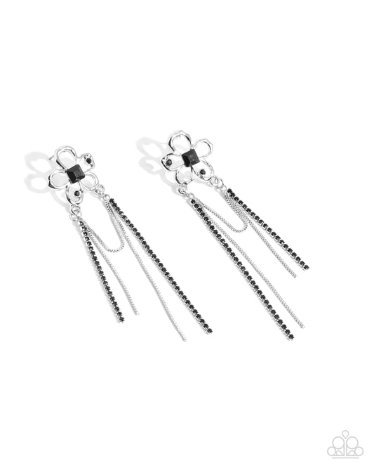 Good Luck Babe! - Black Rhinestone Silver Flower Post Earring Paparazzi E2538