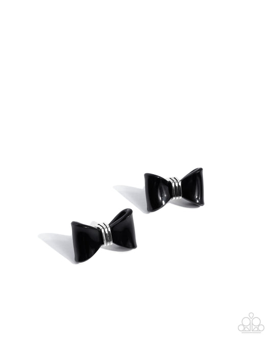 Spruced Up - Black Acrylic Bow Post Earring Paparazzi E2635