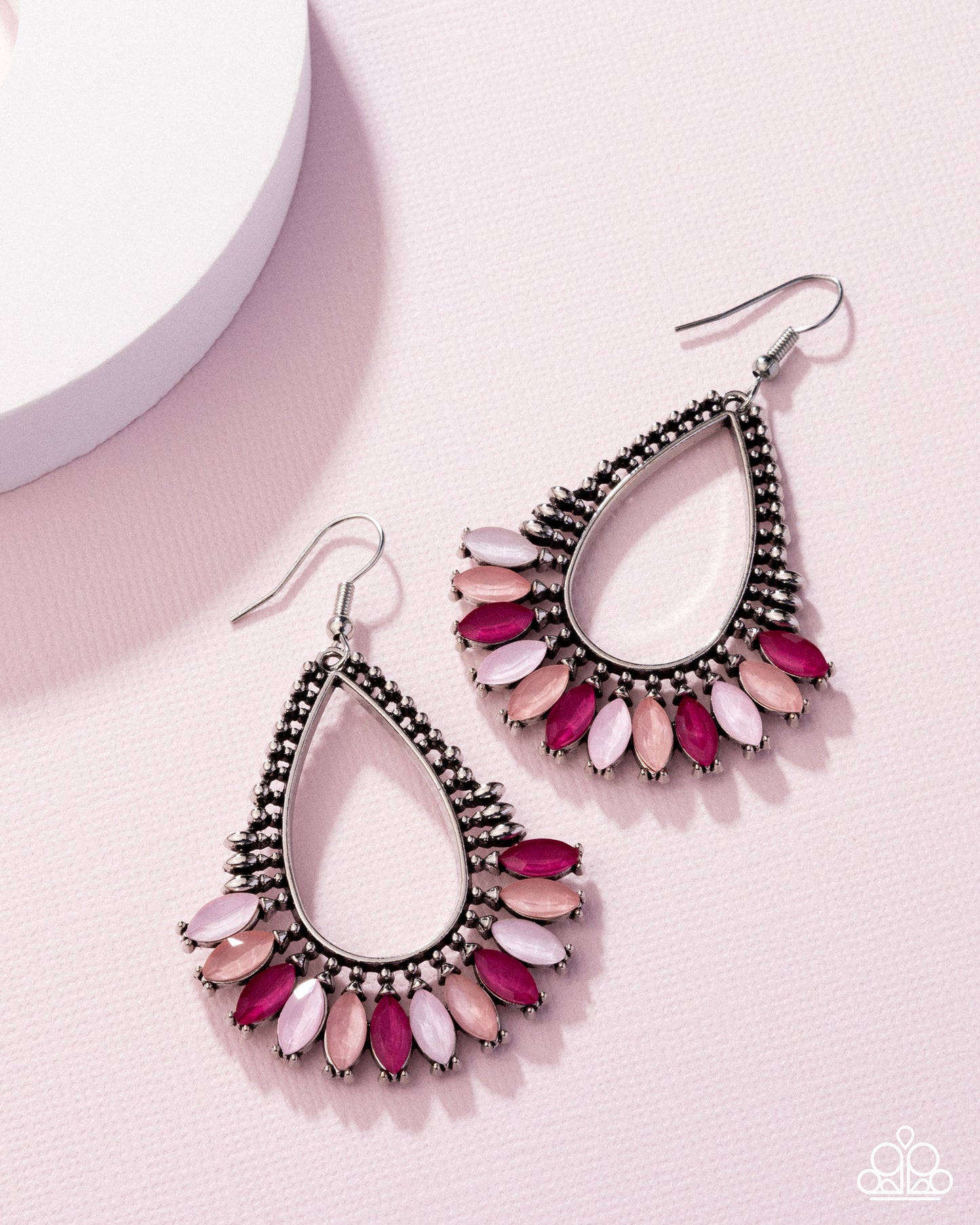 Pronged Pattern - Pink Multicolored Gem Silver Teardrop Earring Paparazzi