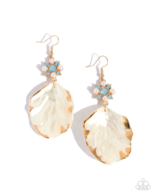 Coastal Candidate - Blue Air Opalescent Rhinestone Flower & Gold Lined Seashell Earring Paparazzi E2917