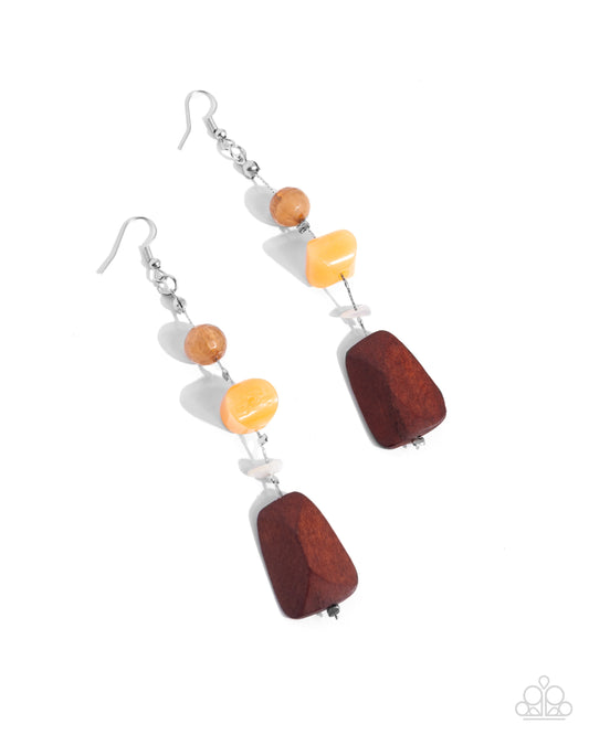 Creative Collection - Orange & Brown Wood Bead, White Stone Earring Paparazzi E2743