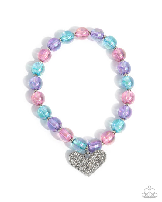 Polished Promise - Purple, Blue, Pink Peacock Bead Silver Heart Stretch Bracelet Paparazzi B2027
