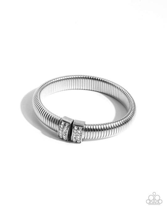 Tailored Transit - White Rhinestone Silver Cable Stretch Bracelet Paparazzi B1320