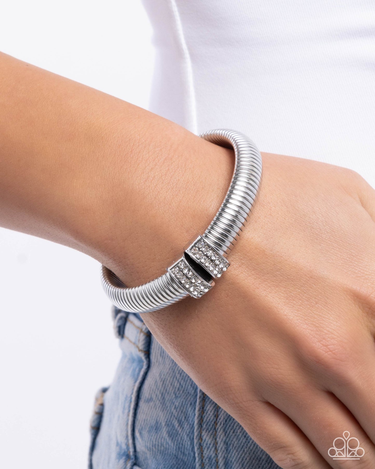 Tailored Transit - White Rhinestone Silver Cable Stretch Bracelet Paparazzi B1320