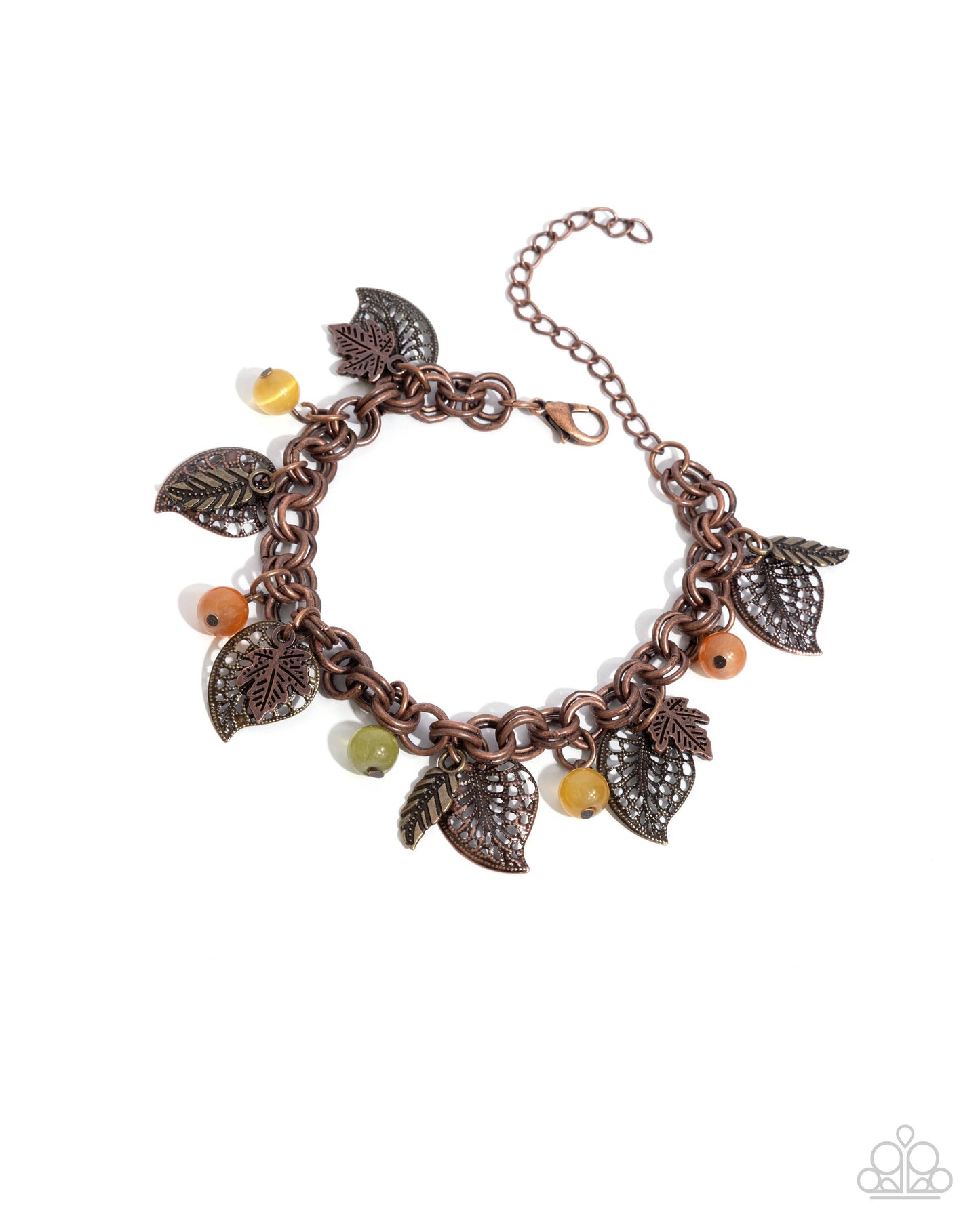 Autumn Equinox - Copper Leaf, Yellow, Green & Orange Cat's Eye Charm Bracelet Paparazzi B2089
