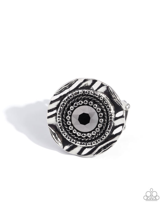 Glistening Grotto - Silver Hammered Frame & Hematite Gem Ring Paparazzi R0949