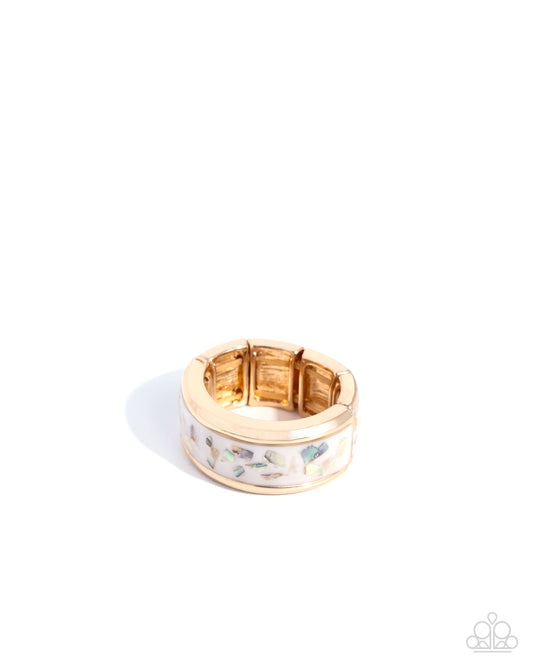 FLECK This Out - Gold Band White & Iridescent Shell Urban Ring Paparazzi R1024