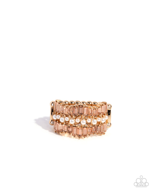Preppy Pearls - Gold, Peach Gem & White Pearl Ring Paparazzi R0987