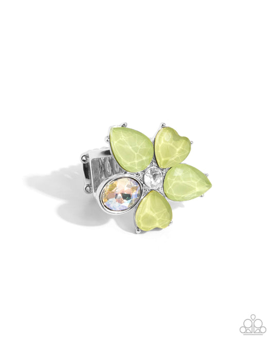 Fanciful Feature - Green - Fern Gem & Iridescent Oval Rhinestone Flower Ring Paparazzi R0952