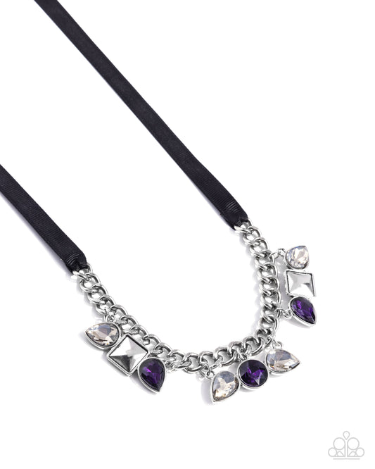Sassy Salutation - Purple Aurum, Smoky, Silver Gem & Black Ribbon Necklace Paparazzi N3465