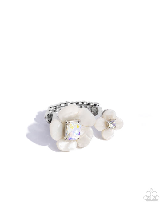Delicate Duo - White UV Shimmery Gem & White Rhinestone Flower Ring Paparazzi R1018