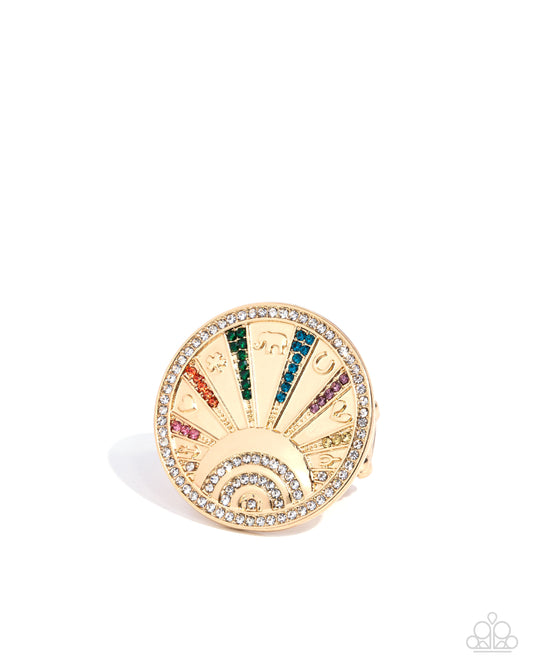 Paparazzi Audacious Aesthetic - Multicolored Rhinestone Sun Motif Gold Charm Ring R0923