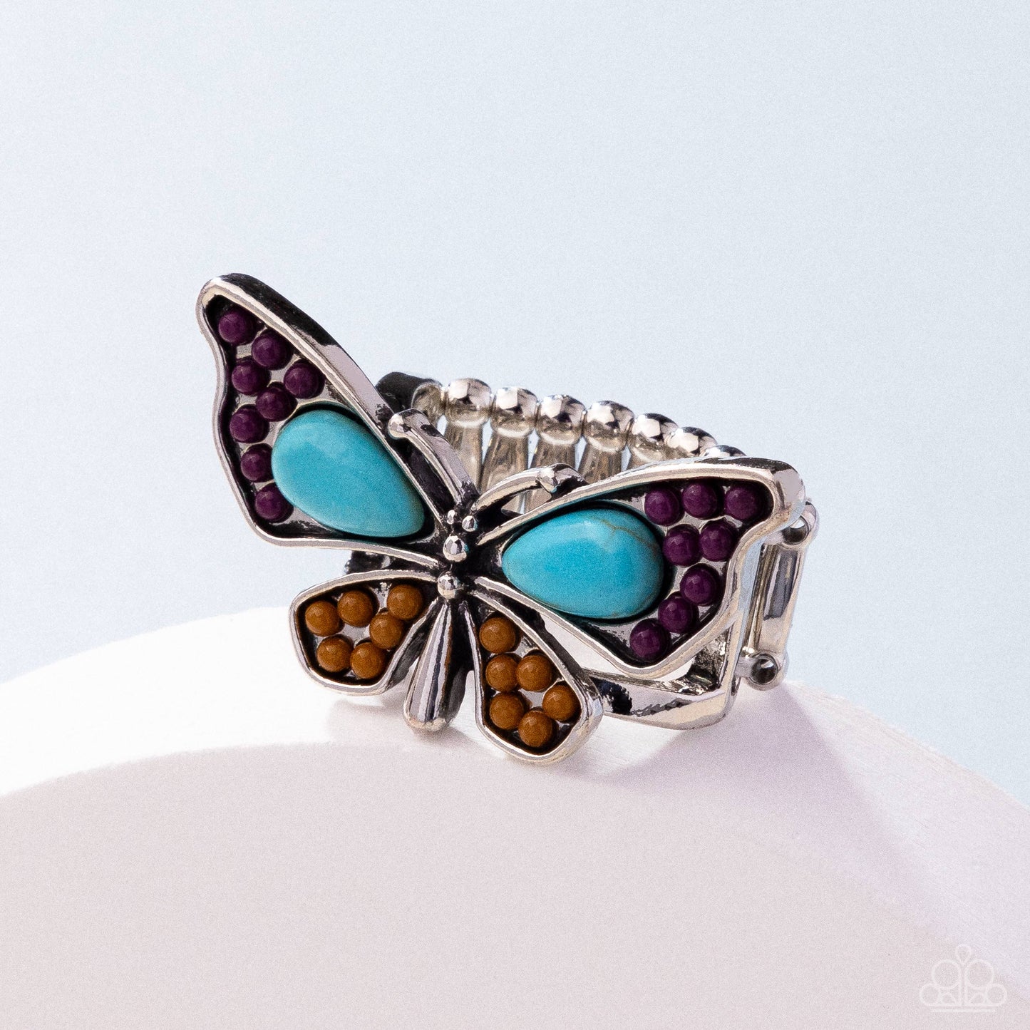 Aerial Acceleration - Purple Plum, Buckthorn Brown Seed Bead & Turquoise Stone Butterfly Ring Santa Fe Style Paparazzi R1026