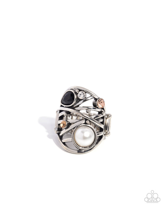 Specific Sovereign - Black Gem, White Pearl Vintage Finish Abstract Ring Paparazzi R0982