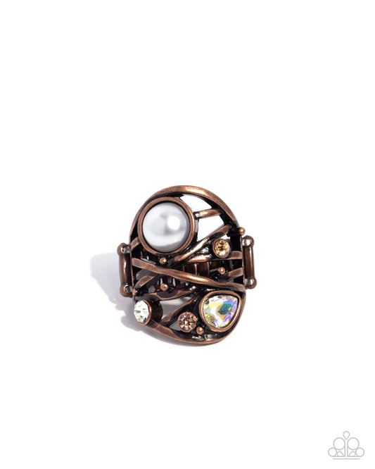 Specific Sovereign - Copper Smoked Topaz Rhinestone, Iridescent Gem, White Pearl Ring Paparazzi R1057