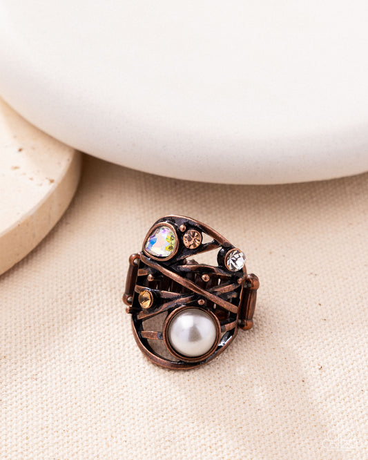 Specific Sovereign - Copper Smoked Topaz Rhinestone, Iridescent Gem, White Pearl Ring Paparazzi R1057