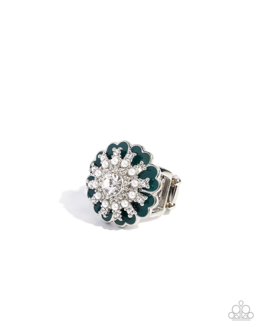 Gallery Glitz - Green Aventurine, White Pearl & Rhinestone Flower Ring Paparazzi R1171