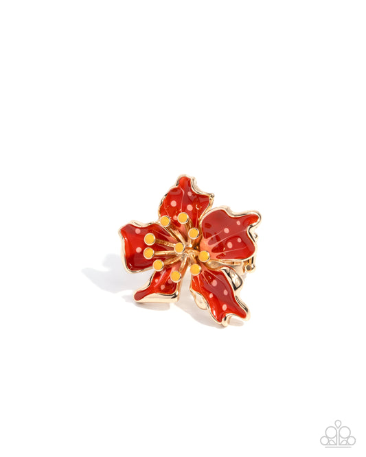 Fast Florals - Red Painted Flower Gold Frame Statement Ring Paparazzi R0925