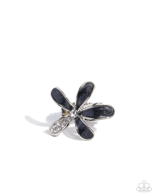Floral Fix - Black Pearlized Paint & White Rhinestone Flower Statement Ring Paparazzi R1058