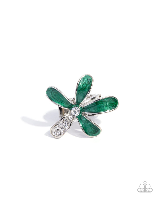 Floral Fix - Green Emerald, White Rhinestone Silver Flower Ring Paparazzi R1011